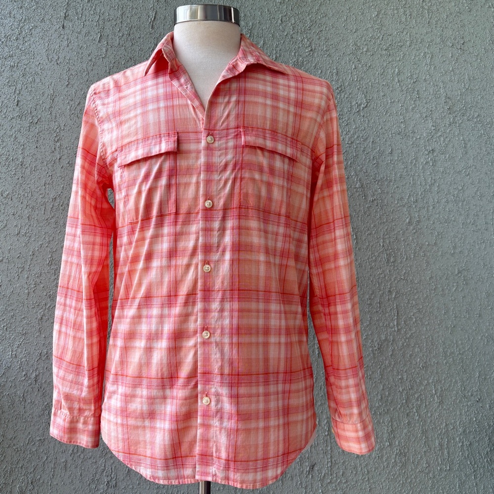 Calvin Klein Orange Madras Plaid Shirt Size S Mens Button Down L/S Pocket Retro